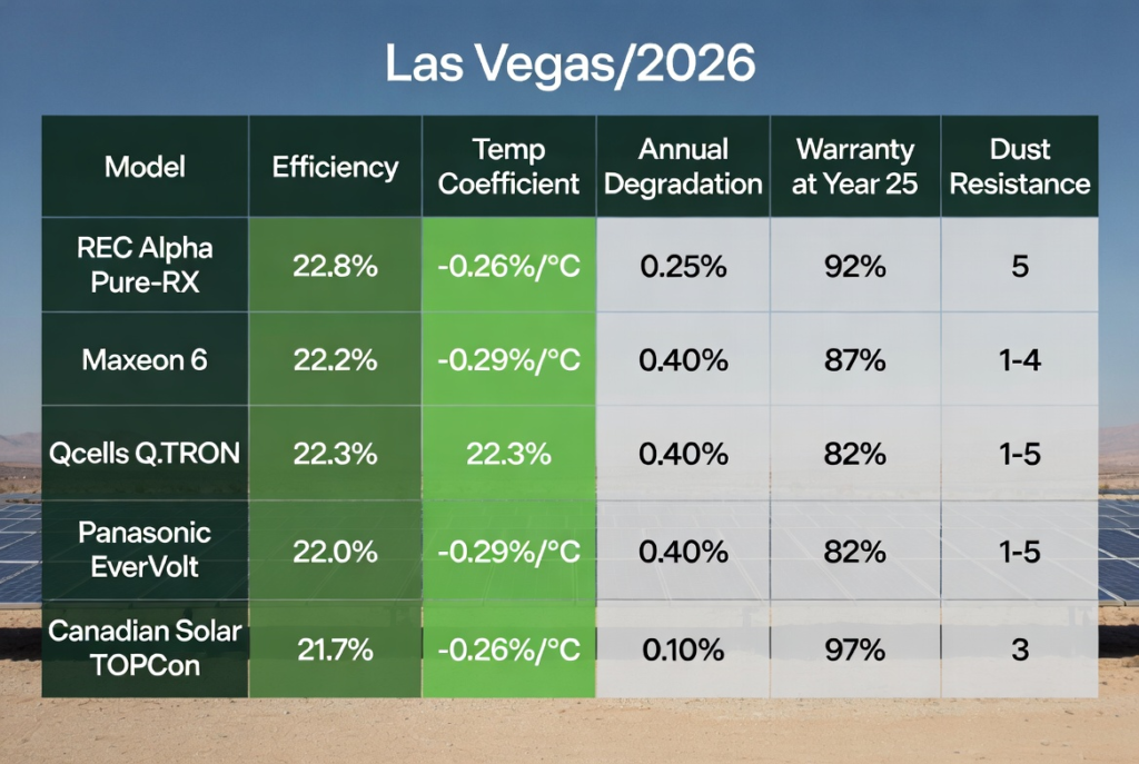 Comparison chart to help the reader determine the best solar panels for Las Vegas roofs.