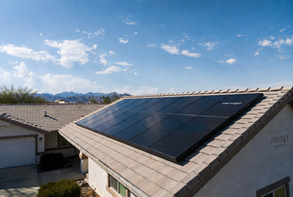 Budget solar panels from Renogy and Signature Solar installed on a North Las Vegas rooftop under bright desert sun with price tags showing under $2/W