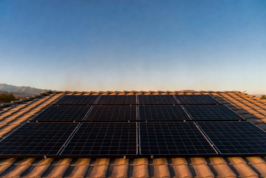 Solar panels on Las Vegas roof in bright desert sun with heat haze
