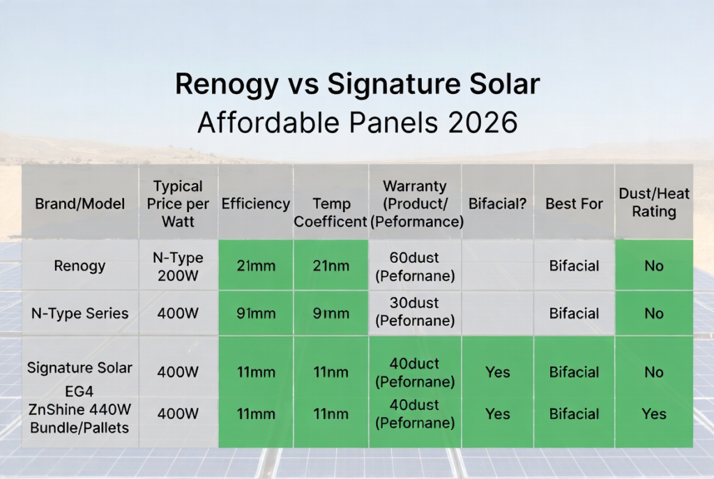 Comparison of Renogy vs Signature Solar affordable solar panels under $2/watt in North Las Vegas, NV 2026 