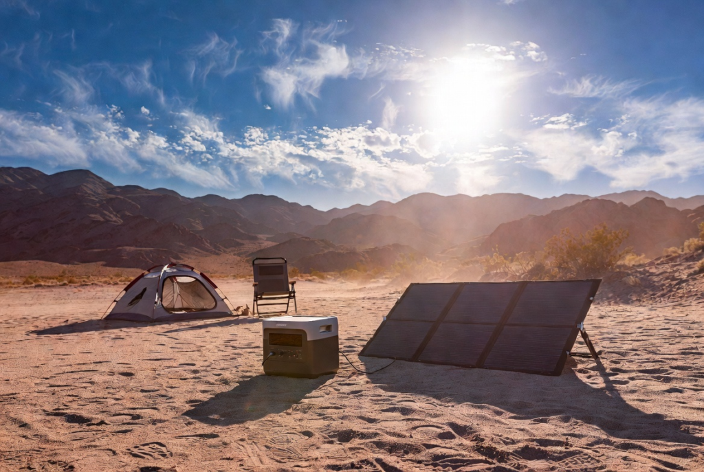 Best portable solar generator with foldable solar panels set up at a Nevada desert campsite under bright sun, with tent and mountains in background.