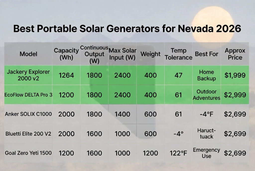 Comparison of best portable solar generators for Nevada in 2026. 