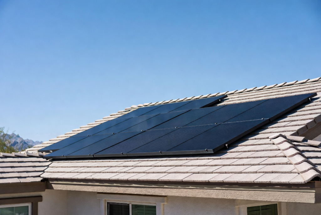 Elegant all-black Meyer Burger solar panels installed on a modern North Las Vegas rooftop. 