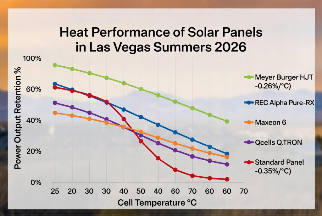Comparison of the Meyer Burger HJT panel heat performance with other solar panels in Las Vegas, NV summers 2026. 