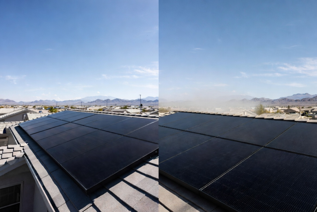 Side-by-side QCells and REC solar panels installed on a North Las Vegas rooftop under intense desert sun with heat haze