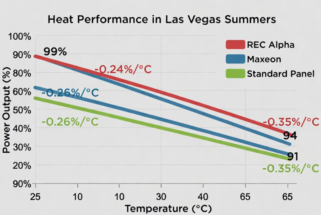 Comparison chart showing solar panel heat performance to help the reader determine the best solar panels for Las Vegas roofs.
