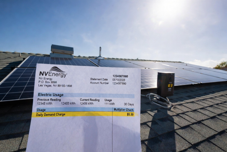 NV Energy bill with demand charge line item next to solar panels and battery on a North Las Vegas home under bright desert sun