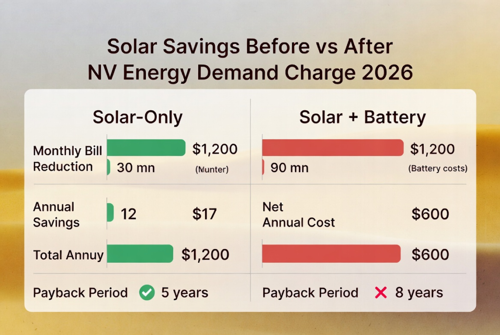 Comparison of Solar savings before and after the 2026 NV Energy demand charge.