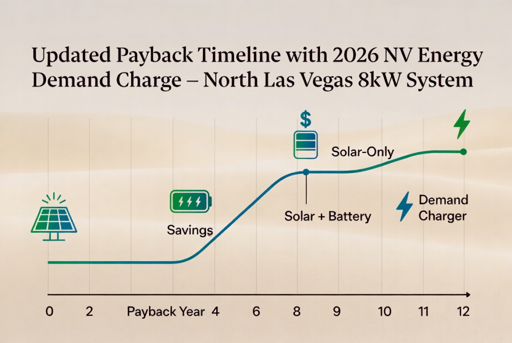 Updated payback timeline with the 2026 NV Energy Demand Charge for a North Las Vegas 8kW system. 