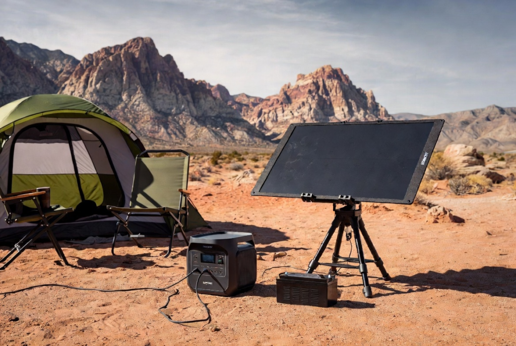 DIY portable solar kit for Nevada with Renogy foldable panel, power station, and battery set up at a Nevada desert campsite with tent and mountains