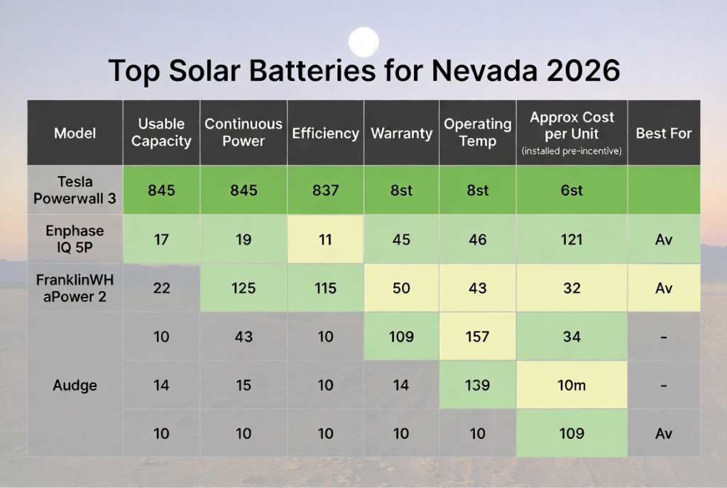 Comparison of top solar batteries for Nevada homes in 2026.