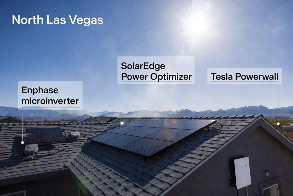 Side-by-side comparison of Enphase microinverters, SolarEdge optimizers, and Tesla inverter installed on a sunny Las Vegas rooftop with solar panels