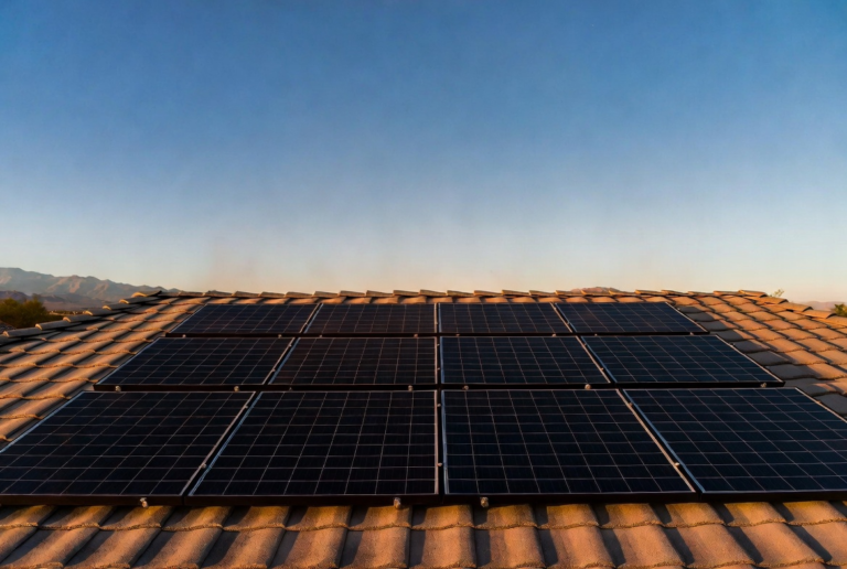Solar panels on Las Vegas roof in bright desert sun with heat haze